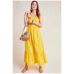 Anthropologie Maeve Arcadia Yellow Maxi Dress 4 Smocked Ruffle Boho Prairie
